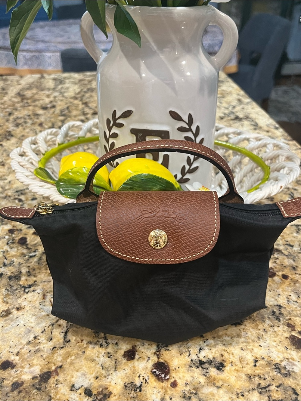 Longchamp Black Nylon Mini Top-Handle Bag with Brown Leather Trim